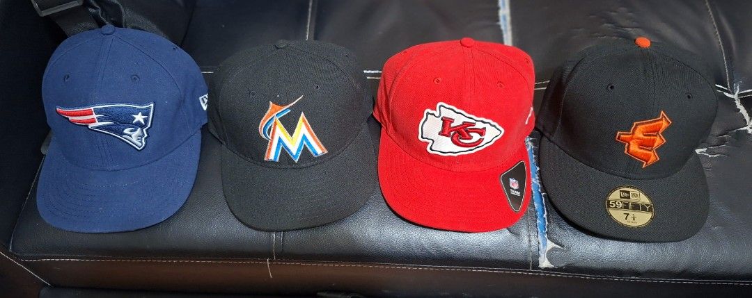 New Era 59FIFTY Caps - NFL & MLB Teams (Category: Caps & Hats) located in Dasmarinas. Submitted by hawaiisdlvprelovedclutering (Listing ID 1442161292, Image 1). Description: ptpa for sale -my personal collection -selling as pack -Authentic New Era 59FIFTY fitted caps - Available Teams: New England Patriots, Miami Marlins, Kansas City Chiefs, San Francisco Giants - Ideal for any sports fan - Iconic team designs -new era 7 1/8 close cap -all cap ar