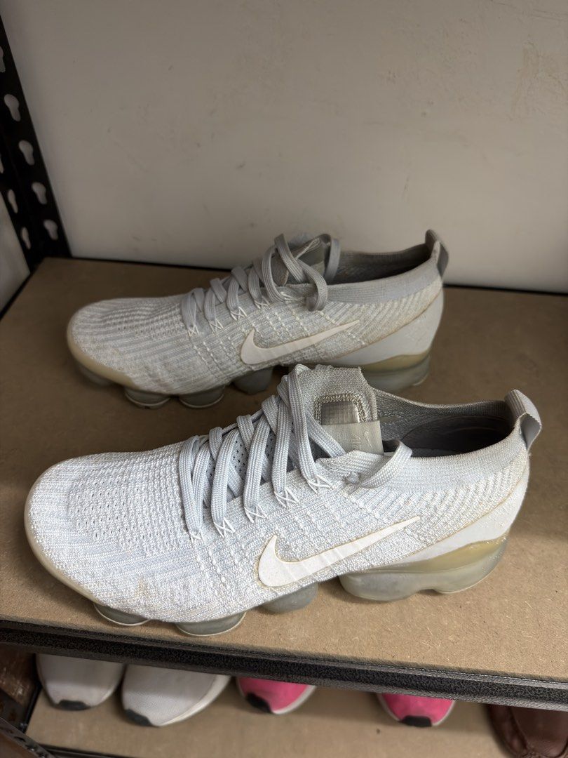 Nike Air VaporMax Flyknit 3 Grey (Category: Sneakers) located in Davao. Submitted by sukimum (Listing ID 1442241947, Image 2). Description: Barely used, just kept in storage. Could look brand new after bringing it to a shoe spa. Minor rubber wear from storage.