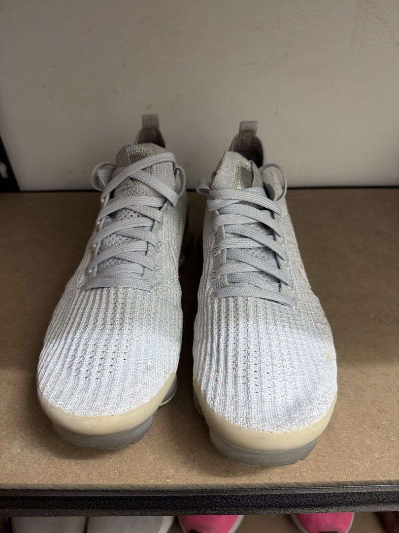 Nike Air VaporMax Flyknit 3 Grey (Category: Sneakers) located in Davao. Submitted by sukimum (Listing ID 1442241947, Image 1). Description: Barely used, just kept in storage. Could look brand new after bringing it to a shoe spa. Minor rubber wear from storage.