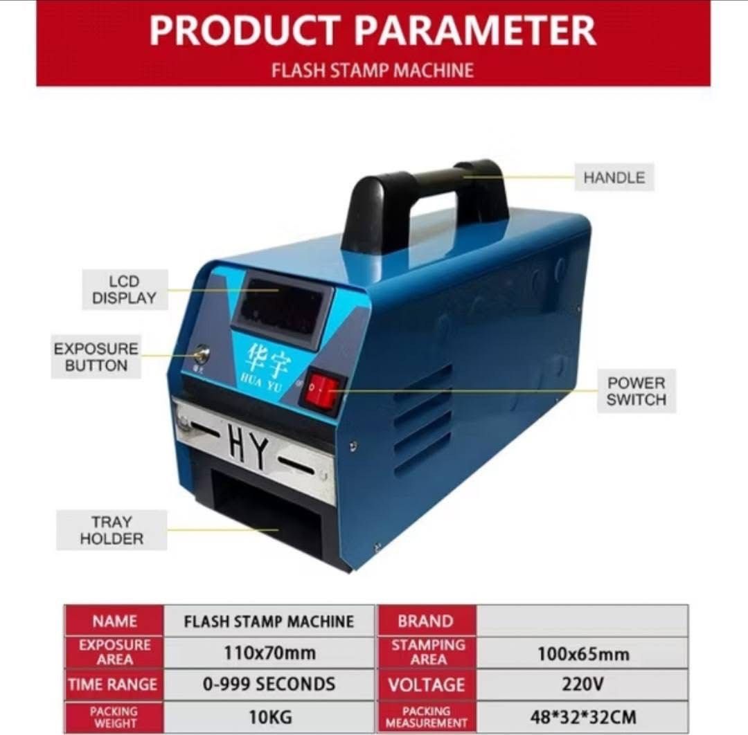 Photosensitive Flash Stamp Machine HY2000 for Laser Printer (Category: Printers, Scanners & Copiers) located in San Rafael. Submitted by mayangyang10 (Listing ID 1442156684, Image 2). Description: - Flash stamp machine for laser printers only - Digital design and print process - easier than traditional methods! - Exposure Area: 110x70mm - Stamping Area: 100x65mm - Power: 220V - Weight: 10kg - Features: Handle, LCD display, exposure button, power 