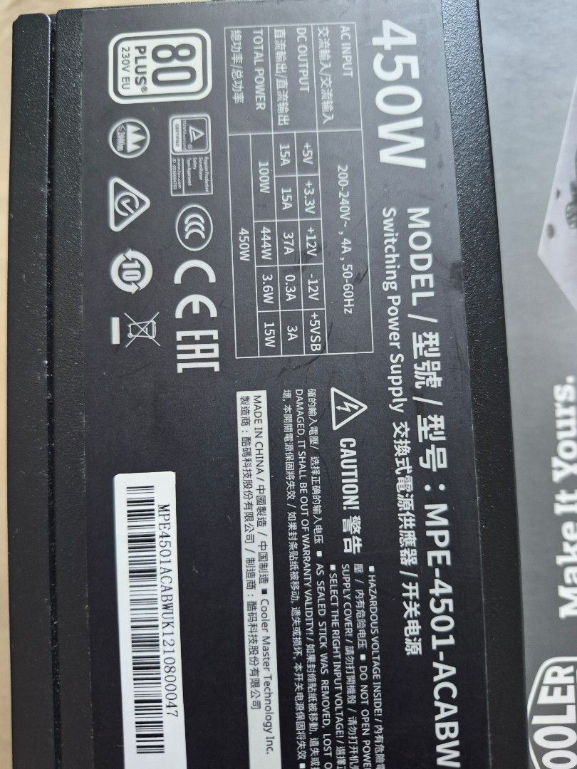 (Read description) Cooler Master MWE 450W White 80 Plus Bronze PSU474655878283929602