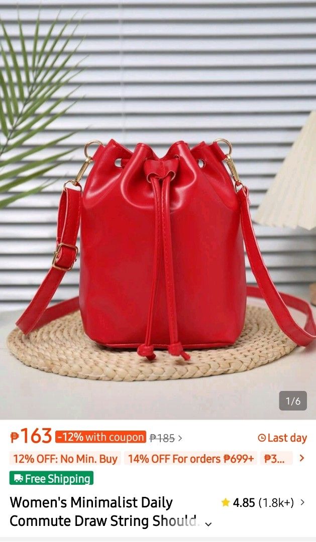Red drawstring bucket bag (Category: Luxury Bags & Wallets) located in Pasig City. Submitted by plussizedpixie (Listing ID 1442227506, Image 1). Description: used for 2 hours only.