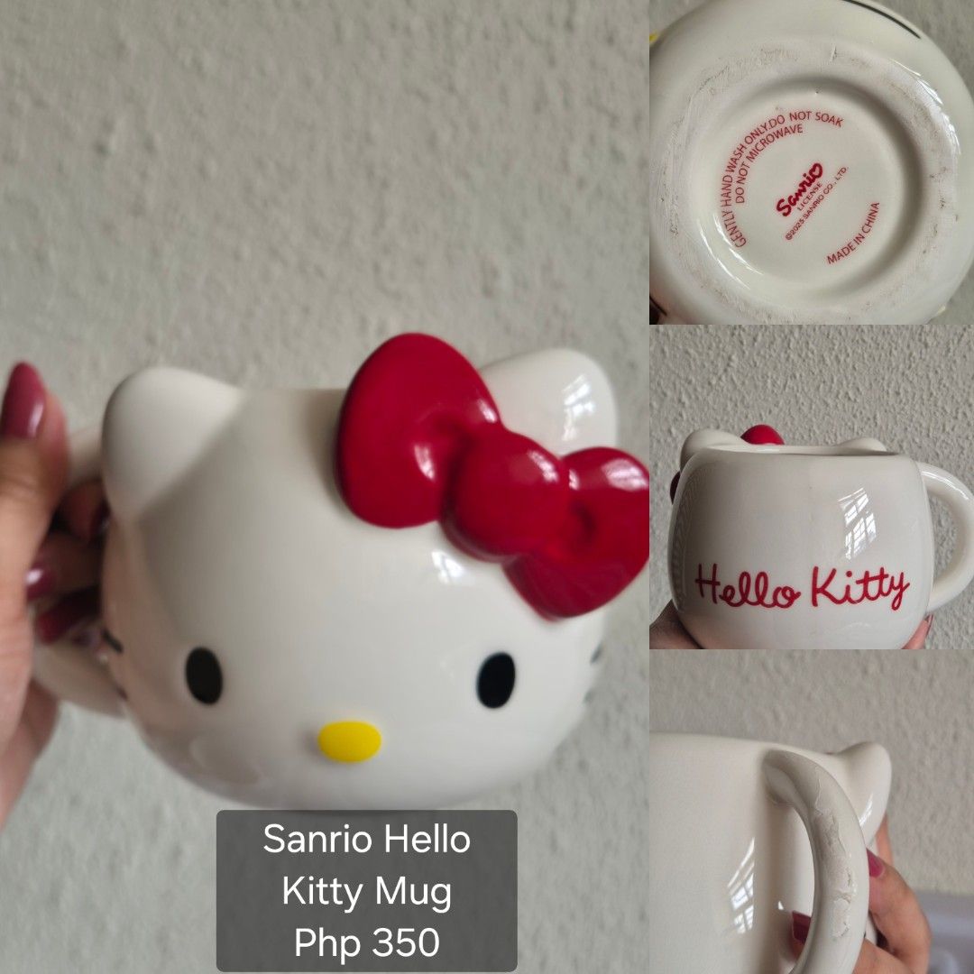 Sanrio Hello Kitty Ceramic Mug (Category: Coffee & Tea Tableware) located in Manila. Submitted by belovedbyjess (Listing ID 1442193286, Image 1). Description: - Cute Kitty mug from Sanrio - White ceramic with red bow and lettering - Small chip on handle (visible in last photo) - Perfect for Kitty fans - Hand wash only (do not soak or microwave).