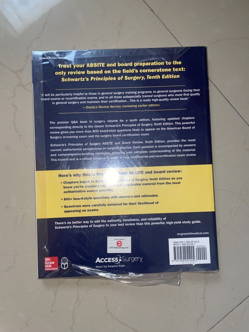 Schwartz’s Principles of Surgery (Category: Textbooks) located in Manila. Submitted by xndrlxx (Listing ID 1442213905, Image 2). Description: Schwartz’s Principles of Surgery Absite and Board Review International Edition 10th Edition Comes with its plastic covering. Never opened. Never used. However with minimal yellow stain on its side (see photos, pakizoom na lang po to see it better)..