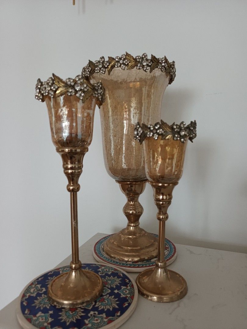 Set of 3 Gold Glass Candle Holders with Crystal Embellishments ...