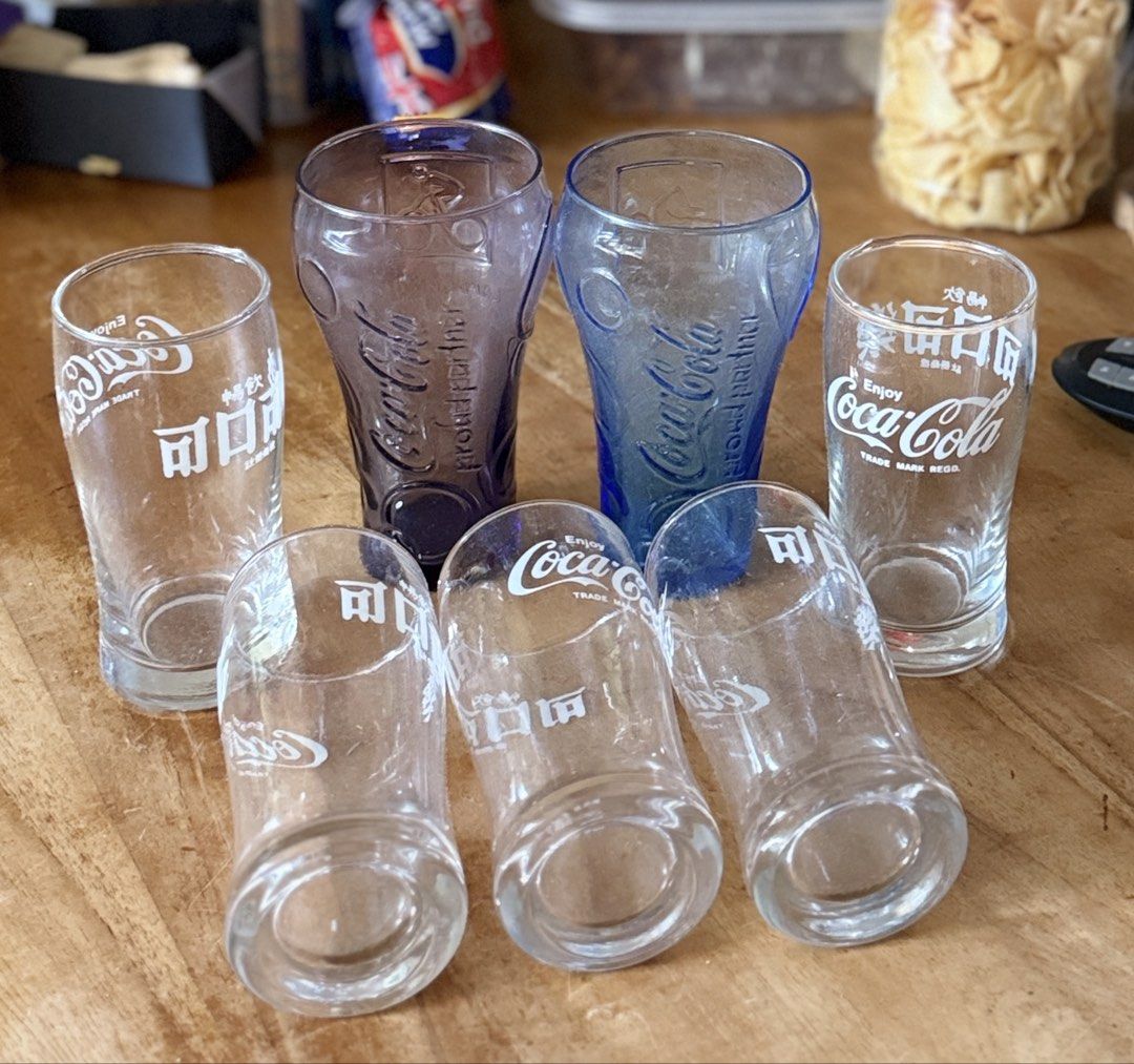 Set of 7 Coca-Cola Glasses - Clear, Blue, Purple