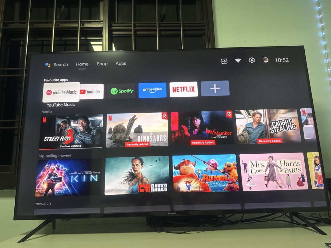 Sharp Android TV (Category: TV) located in Singapore. Submitted by professional_hairstylist (Listing ID 1442309656, Image 1). Description: - Sharp Android TV - Large screen - Pre-installed apps: Netflix, YouTube, Spotify - Perfect for streaming movies & shows - Includes stand and power cable - Ready to use.