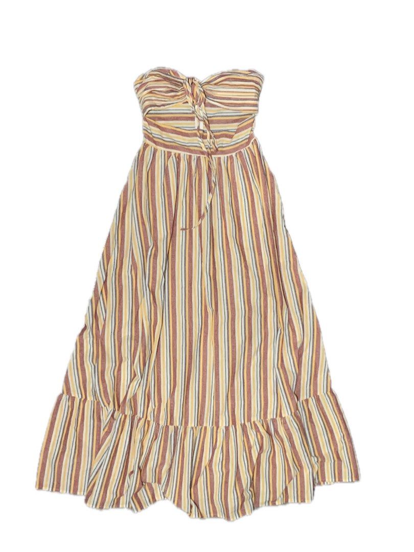Strapless Striped Maxi Dress with Tie Front (Category: Dresses) located in Rizal. Submitted by pcesspscl145 (Listing ID 1442298630, Image 1). Description: - Strapless maxi dress - Fun vertical stripe pattern (yellow, brown, blue) - Tie detail at the bust - Ruffled hem - Drawstring waist for adjustable fit - Ideal for beach vacations and summer outings.