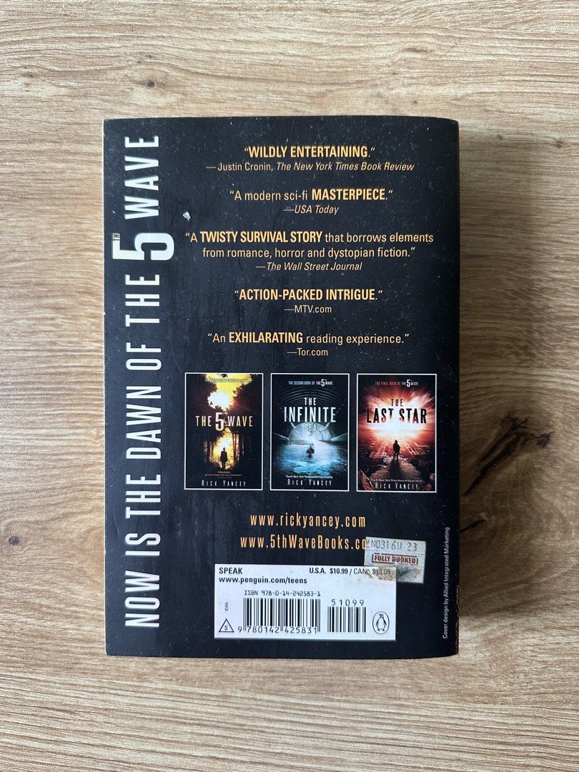 The 5th Wave by Rick Yancey (Category: Storybooks) located in Caloocan City. Submitted by olafed (Listing ID 1442197554, Image 2). Description: - Pre-loved and well used - Never read and displayed on my book shelf ever since I bought it. But I bought this book years ago so please manage your expectations. - Tanning and visible foxing - Just message me if you want to see more pictures of the book’s condition MOP: Gcash / Maribank / BDO .