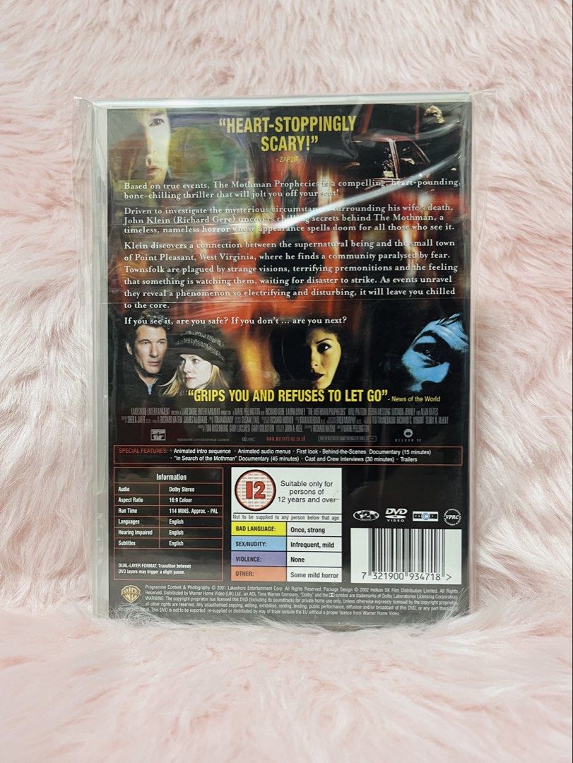 The Mothman Prophecies Original DVD | Based on true events (Category: CDs & DVDs) located in Mandaluyong City. Submitted by cddumpster (Listing ID 1442318526, Image 2). Description: - Original Warner Bros. DVD release - Supernatural thriller / mystery horror film - Based on the famous Mothman legend - region 2 - Great for horror, thriller, and paranormal movie collectors - Carefully stored with love and care, includes silica gel for added protect