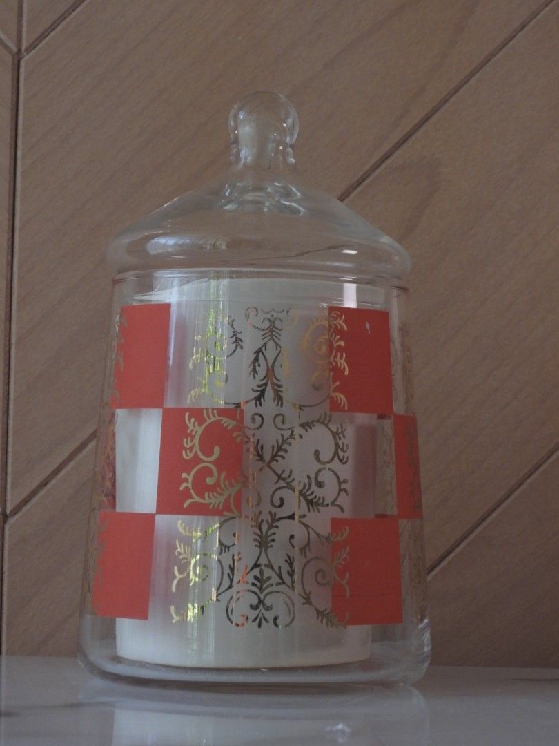 Vintage Glass Jar with Lid - Red and Gold Pattern