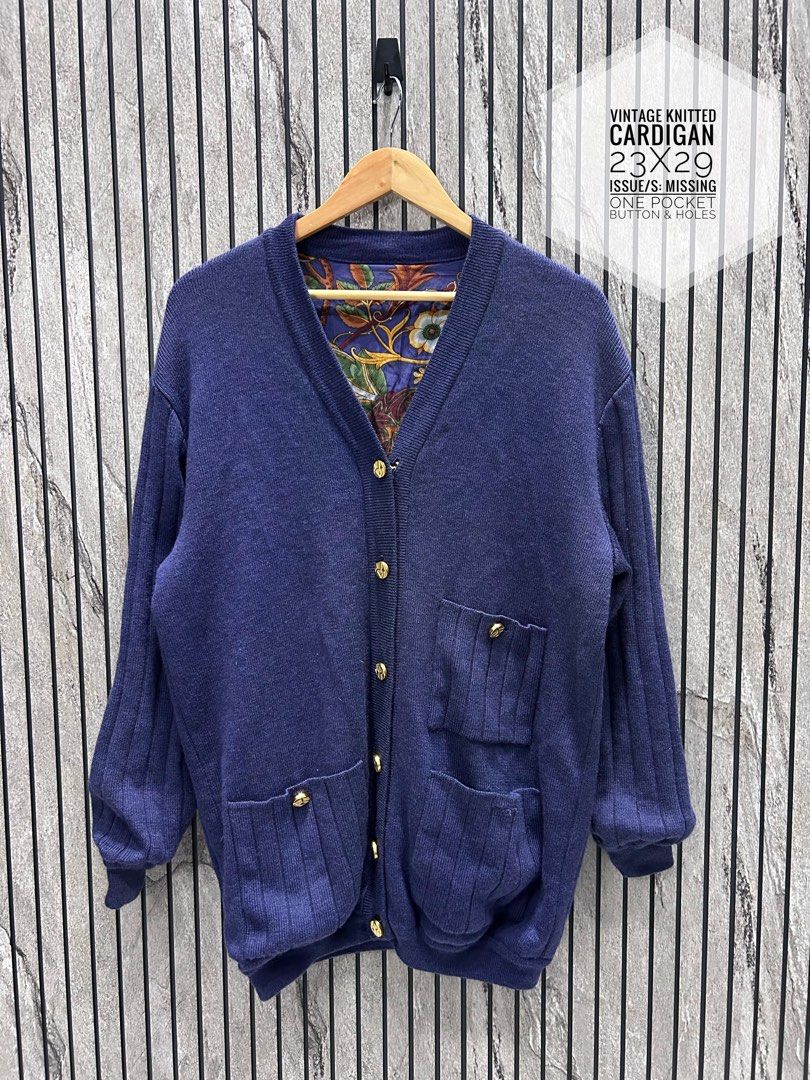 Vintage Knitted Cardigan (Category: Coats, Jackets and Outerwear) located in Malasiqui. Submitted by blckfourthrift (Listing ID 1442339373, Image 1). Description: Vintage Knitted Cardigan 23x29 Issue/s: Missing one pocket button & Holes.