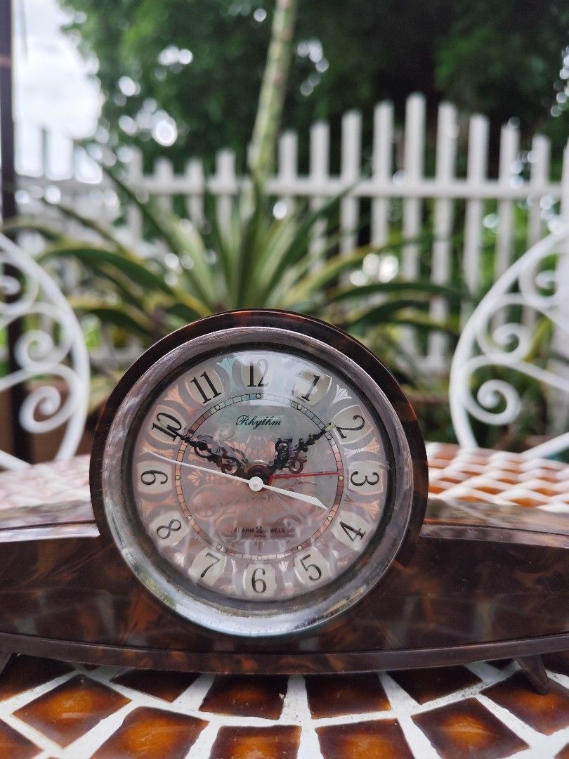 Vintage Rhythm Mechanical Table Clock With Alarm Bell (Category: Clocks) located in Davao. Submitted by papa1919 (Listing ID 1442303538, Image 2). Description: Working and keeping time well. No cracks, only minimal scratches..