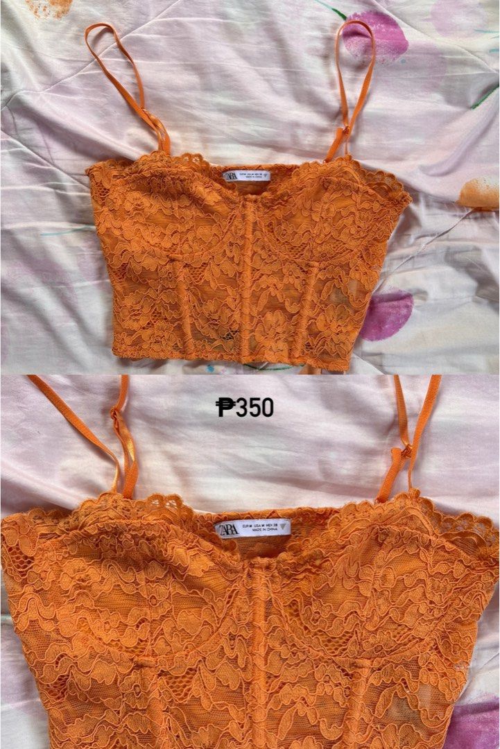 Zara Orange Lace Corset Top (Category: Sleeveless) located in Manila. Submitted by _foryou (Listing ID 1442178515, Image 1). Description: - Zara orange lace corset top - Size: Medium (M) - Features: Sweetheart neckline, spaghetti straps - Design: Beautiful floral lace pattern - Versatile: Pairs well with jeans or skirts - Occasion: Ideal for nights out or special events.