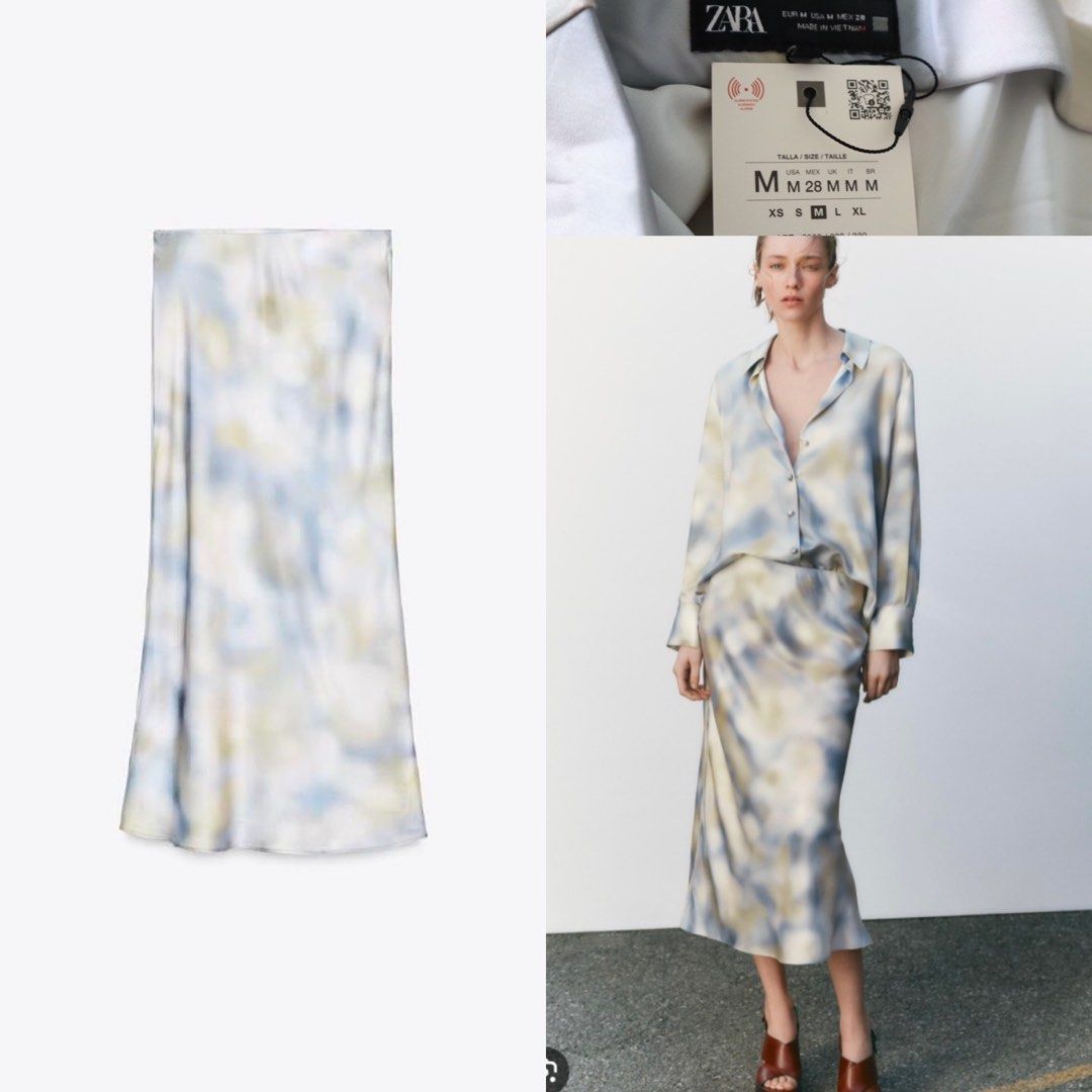 ZARA satin skirt (Category: Skirts) located in Malolos. Submitted by topicksph (Listing ID 1442303461, Image 1). Description: ZARA satin skirt size M | Php 995 from JPY5,990 BNWT w: 30”-34” l: 35” ❗️with minimal runs, not noticeable ww. Pls refer to the last 2 photos.