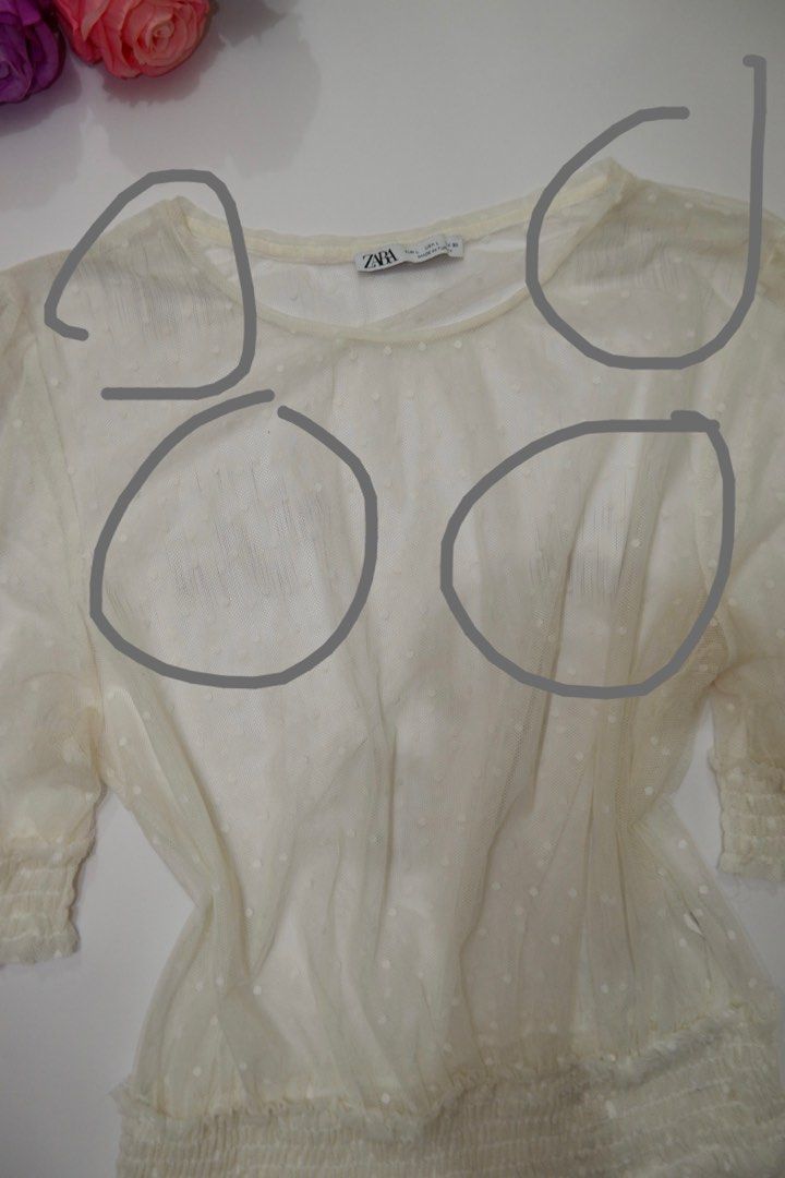 Zara Sheer Polka dots Puff Sleeve Top (Category: Blouses) located in Pasig City. Submitted by mjca29 (Listing ID 1442233775, Image 2). Description: White sheer top from Zara - Puff sleeves with elasticated cuffs - Smocked waist with ruffled hem - Ideal for layering over a bralette or camisole Size: Small to Medium *2nd Pic w/Circle -Just dirt, need to wash. No issue *Manage your expectation. Pre-loved item *Color may vary due to lighting SF will 