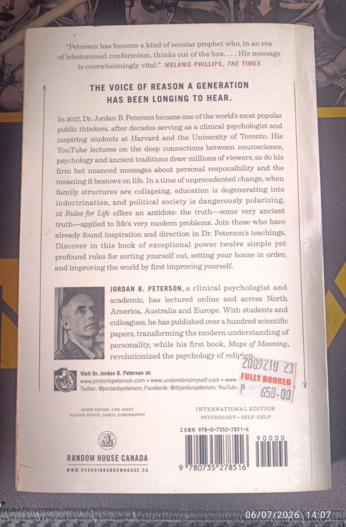 12 Rules for Life by Jordan B. Peterson (Category: Storybooks) located in Caloocan City. Submitted by martyduma (Listing ID 1442397333, Image 2). Description: Authentic Lightly used Slight Foxing Bought at Fullybookeed MOP: GCash, GoTyme, BPI MOD: Grab, Lalamove, GogoExpress, J&T Delivery fee to be shouldered by the buyer. Location: Brgy. 167 Llano, Caloocan.