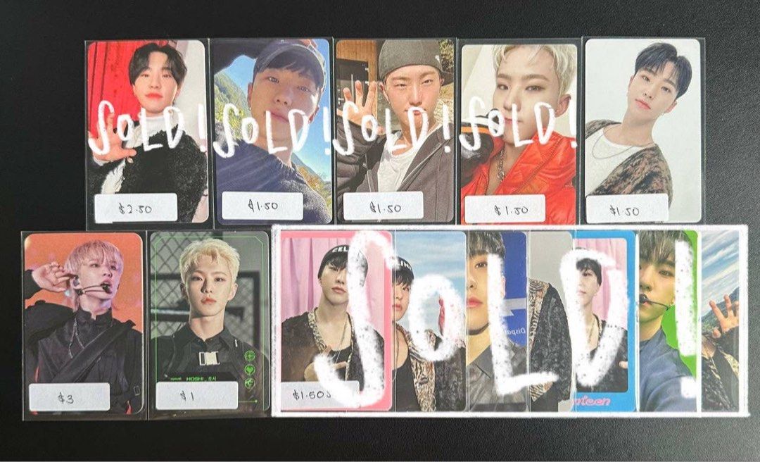 𐙚 [wts] hoshi assorted misc photocards (Category: K-Wave Merchandise) located in Singapore. Submitted by shuashuamarket (Listing ID 1436392892, Image 1). Description: — going mag vol 1, in the soop 1, the name: 17, season greeting, follow again cinema, carat fanclub 7th, dicon, caratland '22, follow to seoul, caratland '24, svt cafe in seoul, hanabi fanmeeting, love fanmeeting prices excludes mailing ⭑ prior to more ⭑ vid condi upon request ⭑ pl