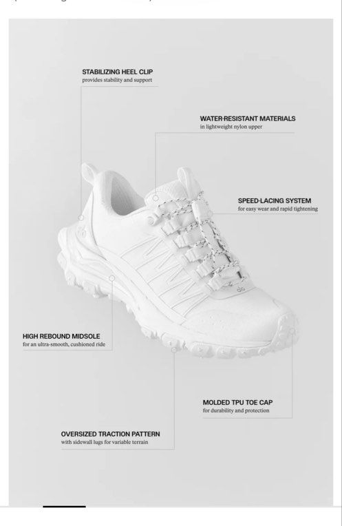 ALO Trail White Unisex Sneakers (Category: Sneakers) located in Singapore. Submitted by jayooheewhy (Listing ID 1442489781, Image 1). Description: - White ALO Trail sneakers - Water-resistant nylon upper - Speed-lacing system for quick on/off - High rebound midsole for superior comfort - Stabilizing heel clip and protective TPU toe cap - Oversized traction pattern for excellent grip - Ideal for both trail adventures and everyday wear - EU 37.5 - 