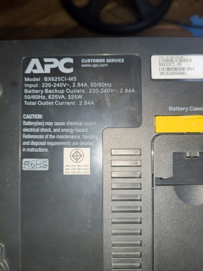 APC Back-UPS 625VA BX625CI-MS UPS (Category: Other Accessories) located in Manila. Submitted by pependotpendot (Listing ID 1442418345, Image 1). Description: - APC Back-UPS 625VA BX625CI-MS - Input: 220-240V~, 2.84A, 50/60Hz - Battery Backup Outlets: 220-240V~, 625VA, 325W - Total Outlet Current: 2.84A - Battery connection located at the back - Sealed not yet repaired, nagcocontinuous beep. Consider ko na as dead battery baka dahil matagal ko di 