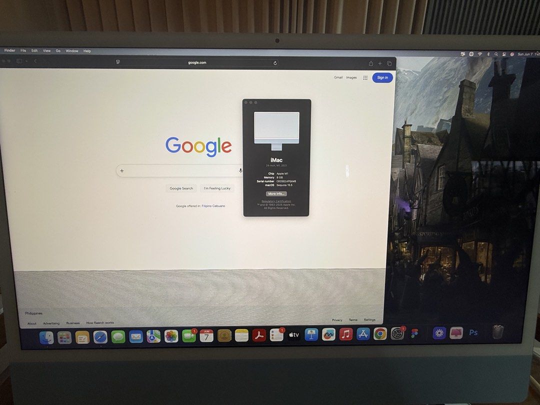 Apple iMac M1 2021 with UPS (Category: Desktops) located in Paranaque City. Submitted by ownbynikki (Listing ID 1442450724, Image 3). Description: - 24-inch iMac M1 (2021) - 8GB RAM - 512GB Storage - 4 Thunderbolt slots - with touch id in keyboard - Includes AWD UPS for power backup - All items in good working order - Keyboard - Mouse - Original box available Rfs: upgraded to macbook pro m5 para pde mgamit khit saan Issue: May linya lang sa monit