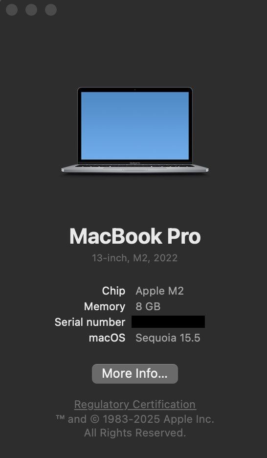Apple MacBook Pro 13-inch M2 2022 (Category: Laptops & Notebooks) located in Quezon City. Submitted by shanmab (Listing ID 1442489775, Image 3). Description: - MacBook Pro 13-inch - M2 Chip - 8GB Memory - 256GB Storage - Purchased in 2022 - Battery Maximum Capacity: 90% - Good working condition - Reason for selling: Upgraded to a new laptop - with charger .