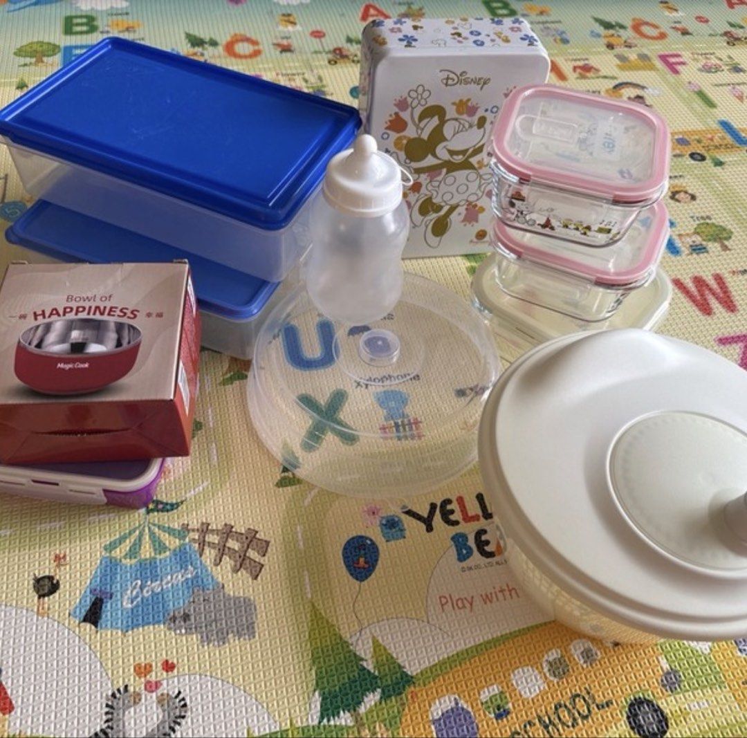 Assorted Kitchen Containers, Baby Bottle, Disney Tin