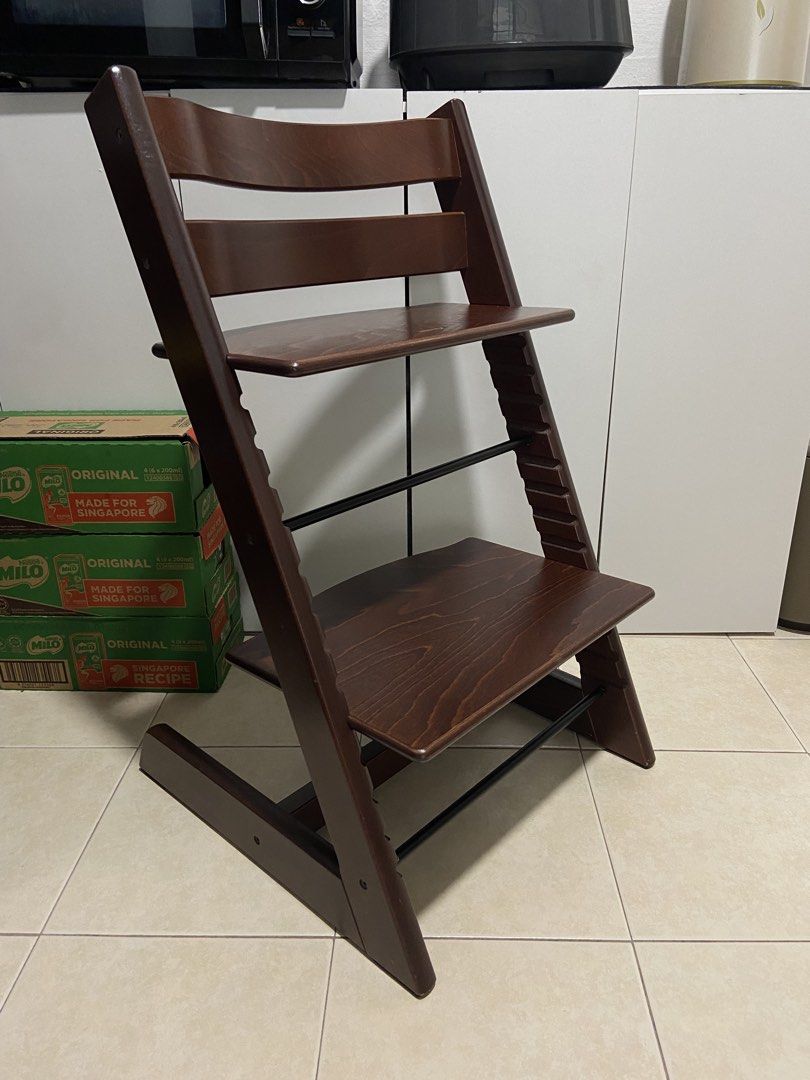 Authentic Stokke Tripp Trapp High Chair Walnut (Category: Baby High Chairs) located in Singapore. Submitted by rainbowafterrain_sg (Listing ID 1442396845, Image 1). Description: Excellent conditions . Beautiful Walnut colour . Cleaned and sanitised . Strong and sturdy chair. Self pick up from Toa Payoh.