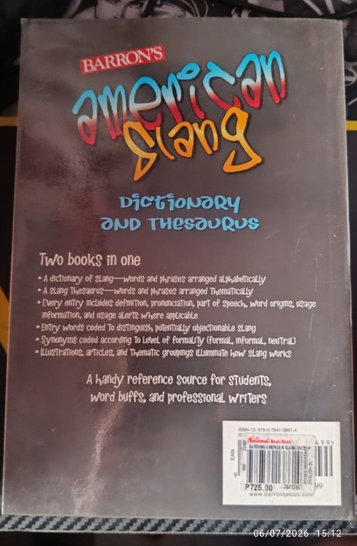 Barron's American Slang Dictionary and Thesaurus (Category: Textbooks) located in Caloocan City. Submitted by martyduma (Listing ID 1442411081, Image 2). Description: Authentic Lightly Used Bought at NBS MOP: GCash, GoTyme, BPI MOD: Grab, Lalamove, GogoExpress, J&T Deli very fee to be shouldered by the buyer. Location: Brgy. 167, Novaliches, Caloocan.