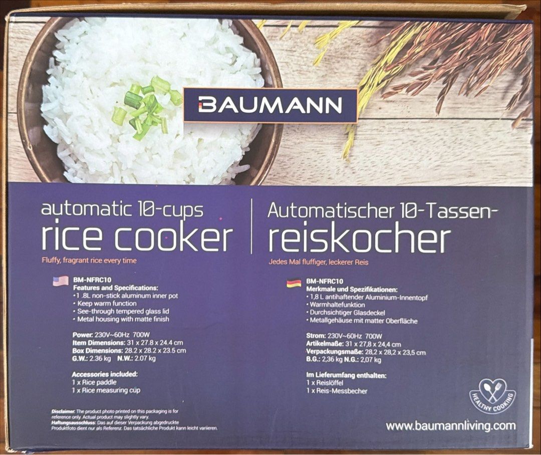 Baumann 1.8L Automatic 10-Cup Rice Cooker BM-NFRC10 (Category: Cookers) located in Antipolo. Submitted by lottientottie (Listing ID 1442355141, Image 3). Description: - Baumann Automatic Rice Cooker - 10-cup capacity (1.8L) - Non-stick inner pot for easy cleaning - Keep warm function to maintain rice temperature - See-through tempered glass lid - Includes rice paddle and measuring cup - Ideal for everyday cooking Brand new , sealed Priced at ₱ 19