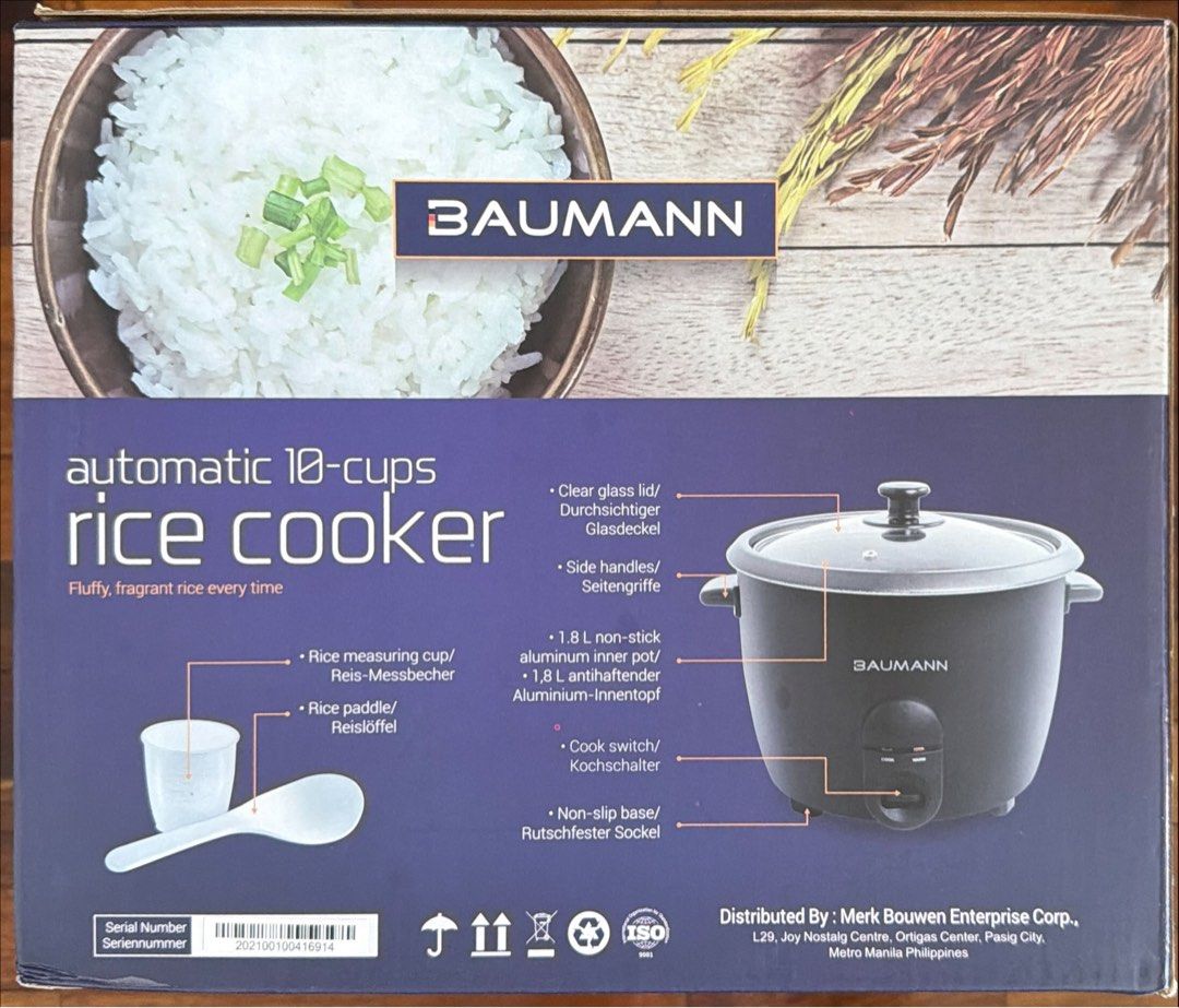 Baumann 1.8L Automatic 10-Cup Rice Cooker BM-NFRC10 (Category: Cookers) located in Antipolo. Submitted by lottientottie (Listing ID 1442355141, Image 2). Description: - Baumann Automatic Rice Cooker - 10-cup capacity (1.8L) - Non-stick inner pot for easy cleaning - Keep warm function to maintain rice temperature - See-through tempered glass lid - Includes rice paddle and measuring cup - Ideal for everyday cooking Brand new , sealed Priced at ₱ 19