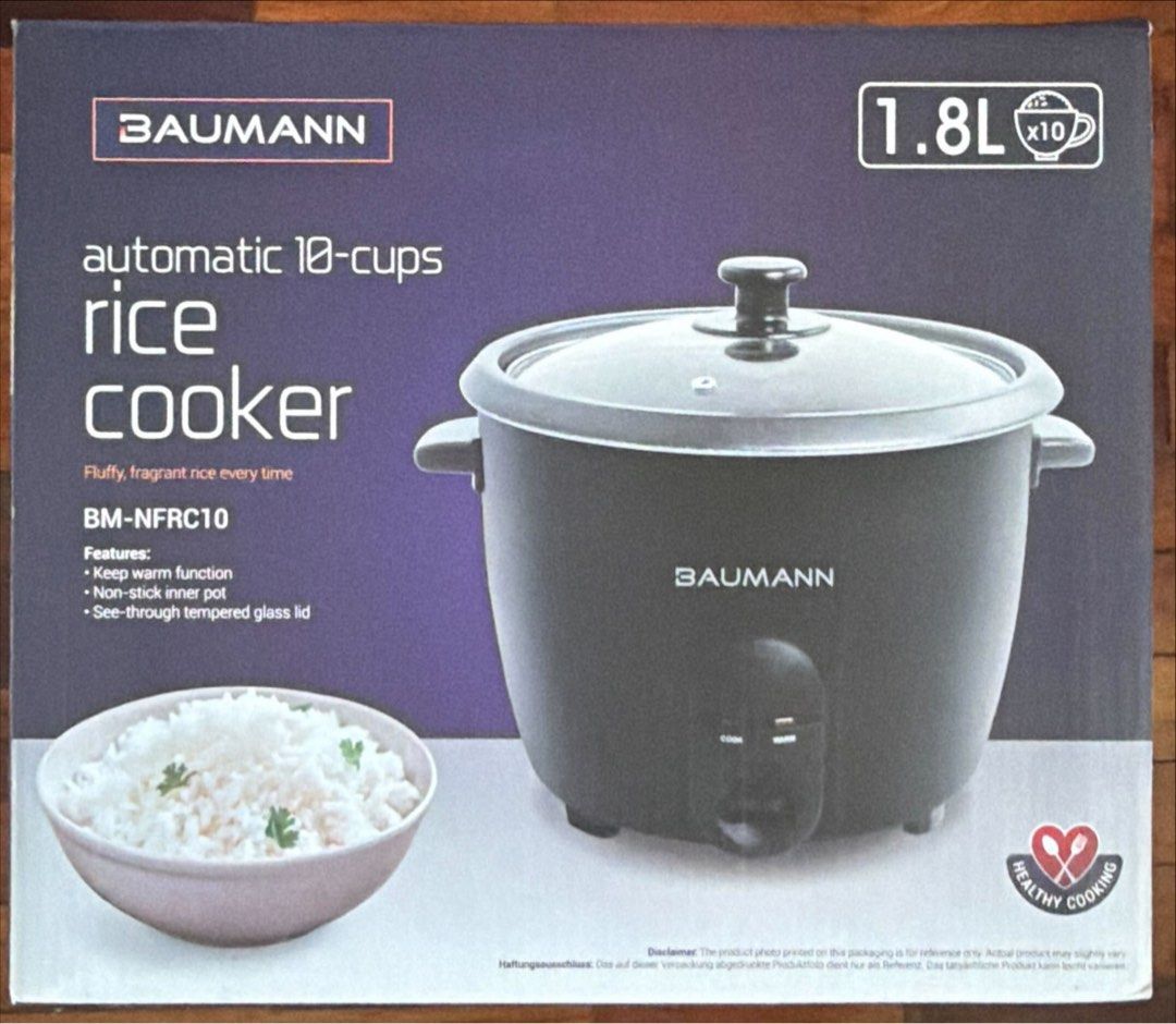 Baumann 1.8L Automatic 10-Cup Rice Cooker BM-NFRC10 (Category: Cookers) located in Antipolo. Submitted by lottientottie (Listing ID 1442355141, Image 1). Description: - Baumann Automatic Rice Cooker - 10-cup capacity (1.8L) - Non-stick inner pot for easy cleaning - Keep warm function to maintain rice temperature - See-through tempered glass lid - Includes rice paddle and measuring cup - Ideal for everyday cooking Brand new , sealed Priced at ₱ 19