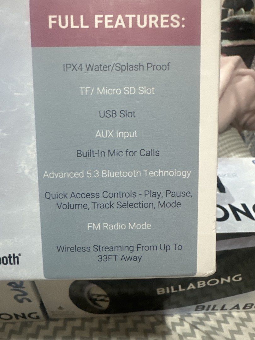 Billabong Waterproof Wireless Speaker - Pink (Category: Soundbars, Speakers & Amplifiers) located in Antipolo. Submitted by prelovedcloseta (Listing ID 1442488245, Image 2). Description: - Pink Billabong waterproof wireless speaker - IPX4 water/splash proof - Multiple playback options: TF/Micro SD slot, USB slot, AUX input - Built-in microphone for hands-free calls - Advanced Bluetooth 5.3 technology - Easy-to-use controls for music and calls - F