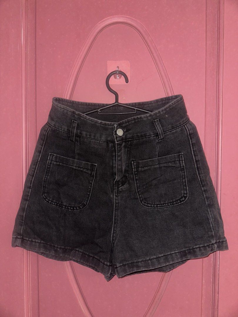 Black Denim High-Waisted Shorts (Category: Shorts) located in Manila. Submitted by itemsbykeiko (Listing ID 1442482502, Image 1). Description: - High-waisted black denim shorts - Dark charcoal grey wash - Fits like a size Small or Medium - Versatile for casual wear, pairs easily with any top.