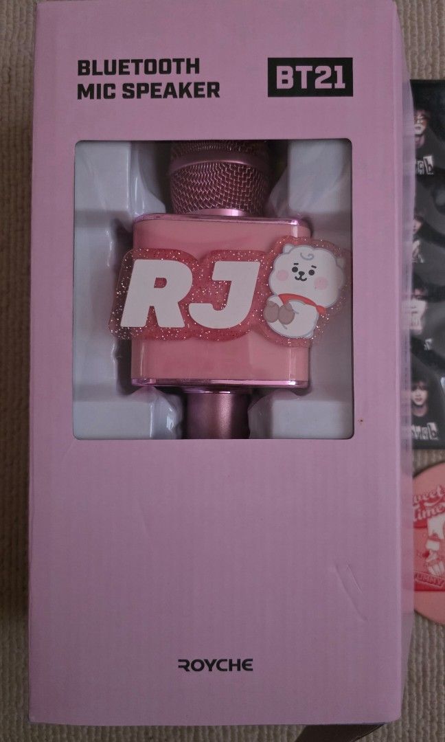 BTS Merch and BT21 RJ Mic/Speaker (Category: K-Wave Merchandise) located in San Juan City. Submitted by wannederfully_made (Listing ID 1442379330, Image 3). Description: This is not used, just display in the room 1. BT21 Royche RJ Mic (rechargeable+Bluetooth) = 1500php (original price p2500) 2. OT7 group pic = D'Icon authentic with signature = 250php 3. BTS Jin Polaroid shots authentic = 250php 4. If sold as set= 1800php + freebie coaster and pho