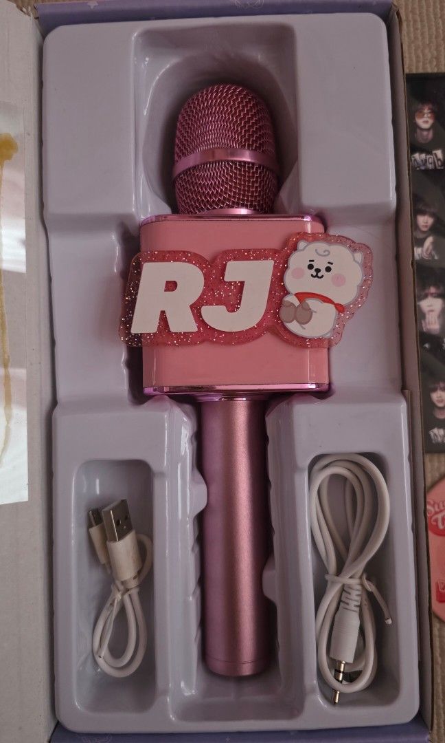 BTS Merch and BT21 RJ Mic/Speaker (Category: K-Wave Merchandise) located in San Juan City. Submitted by wannederfully_made (Listing ID 1442379330, Image 2). Description: This is not used, just display in the room 1. BT21 Royche RJ Mic (rechargeable+Bluetooth) = 1500php (original price p2500) 2. OT7 group pic = D'Icon authentic with signature = 250php 3. BTS Jin Polaroid shots authentic = 250php 4. If sold as set= 1800php + freebie coaster and pho