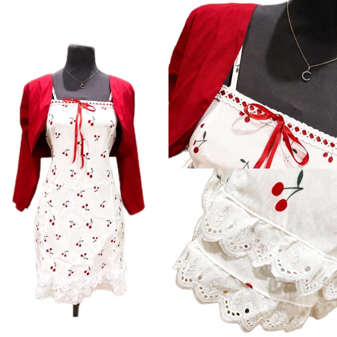 Cherry Dress with Red Bolero (Category: Dresses) located in Taal. Submitted by matchaa.lattee (Listing ID 1442536988, Image 1). Description: Size: S - Semi Large - very cutesy & coquette - tied back detail - Midi length dress Pm for more dits!!!🫶🏻🫶🏻💕 Mod: Gcash Rs: Need funds .