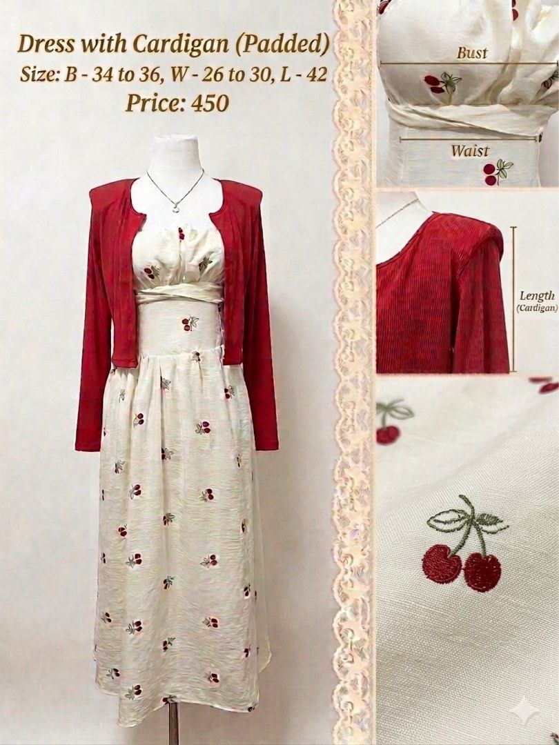 Cherry Dress with Red Cardigan (Category: Dresses) located in Taal. Submitted by matchaa.lattee (Listing ID 1442537642, Image 1). Description: - Padded dress - Very coquette and cutesy nya - from thailand pasabuy Measurements: Bust 34-36 inches, Waist 26-30 inches, Length 42 inches. Mod: Gcash.