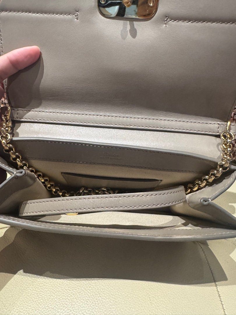 Chloe C Bag Beige Leather with Suede Chain Strap (Category: Luxury Bags & Wallets) located in Quezon City. Submitted by annsapp (Listing ID 1442446522, Image 3). Description: - Grey leather and suede Chloe C bag - Gold hardware with signature C logo - Detachable chain strap - Interior features card slots and a zip pocket - Clean inside and out - Ideal for evenings or traveling light.
