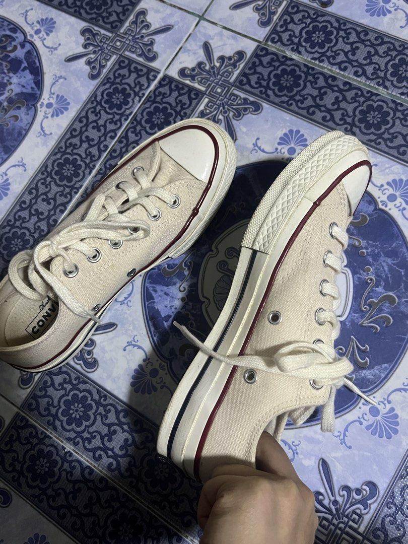Converse Chuck Taylor All Star 70s Cream (Category: Sneakers) located in Dagupan City. Submitted by kamilpicks (Listing ID 1442406602, Image 3). Description: - Cream Converse Chuck 70s low tops - Classic canvas sneakers - Burgundy and navy stripe detail - Lace-up style - Made in Vietnam - Size: 4.5 US Women's / 37 EU / 23.5 cm.