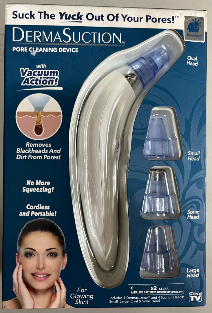 DermaSuction Pore Cleaning Device with Vacuum Action (Category: Face Care) located in Quezon City. Submitted by shopthebestbargains (Listing ID 1442381341, Image 1). Description: - Say goodbye to blackheads and pore dirt! - DermaSuction uses gentle vacuum power to clean your pores. - No more painful squeezing! - Cordless and portable for on-the-go use. - Achieve glowing, clearer skin. - Includes 1 device and 4 suction heads (Small, Large, Oval, S