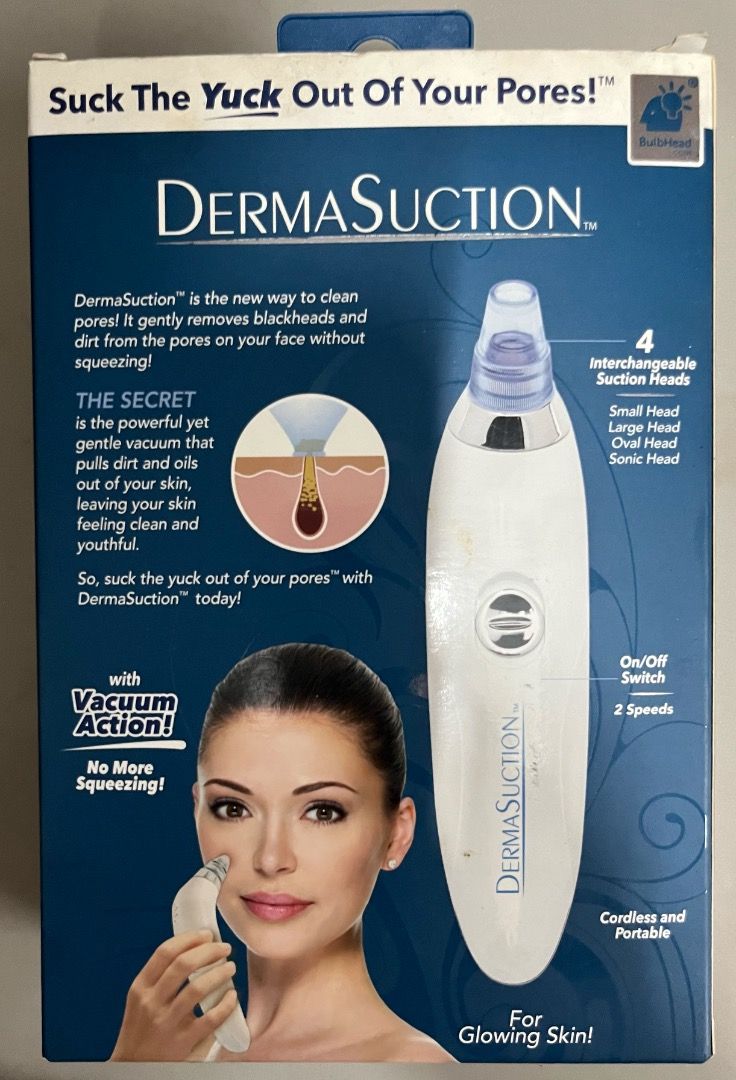 DermaSuction Pore Cleaning Device with Vacuum Action (Category: Face Care) located in Quezon City. Submitted by shopthebestbargains (Listing ID 1442381341, Image 3). Description: - Say goodbye to blackheads and pore dirt! - DermaSuction uses gentle vacuum power to clean your pores. - No more painful squeezing! - Cordless and portable for on-the-go use. - Achieve glowing, clearer skin. - Includes 1 device and 4 suction heads (Small, Large, Oval, S