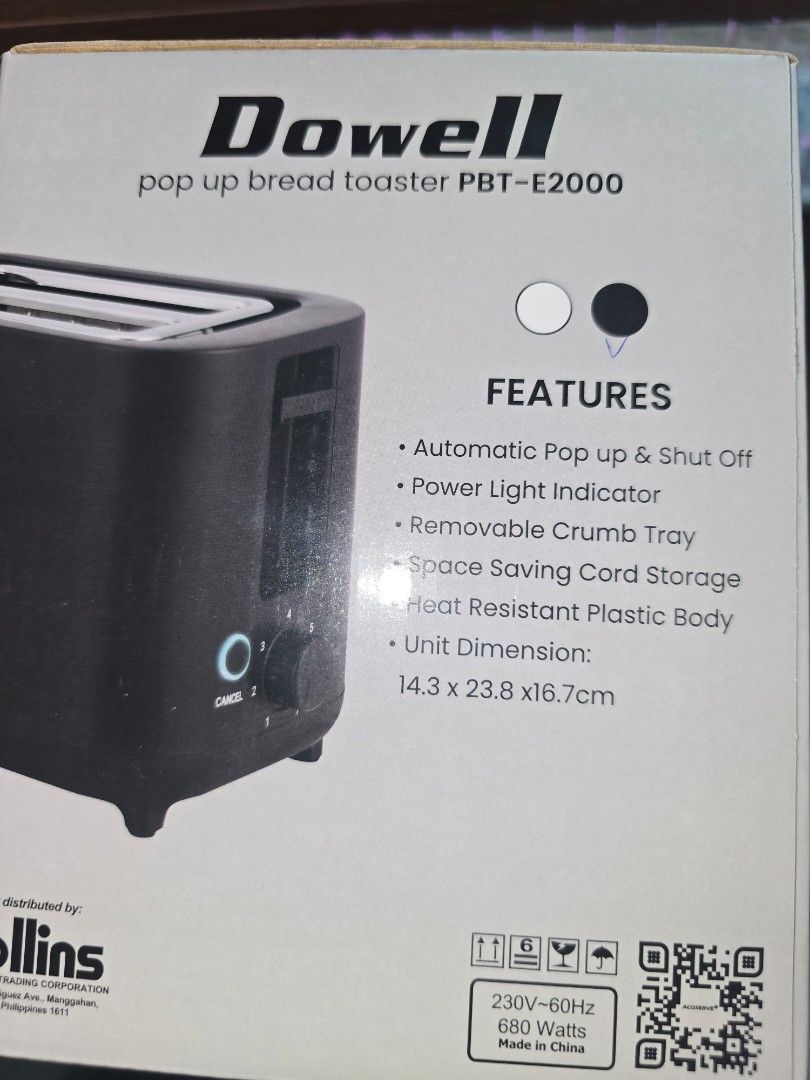 Dowell Pop Up Bread Toaster PBT-E2000 (Category: Ovens & Toasters) located in Manila. Submitted by nammie968 (Listing ID 1442409879, Image 3). Description: - Dowell Pop Up Bread Toaster (Model PBT-E2000) - Removable crumb tray for easy cleaning - Built-in dust-proof cover to keep the slots clean - Selling at low price because I have multiple in stock. Will provide discount if more than 2 are bought.