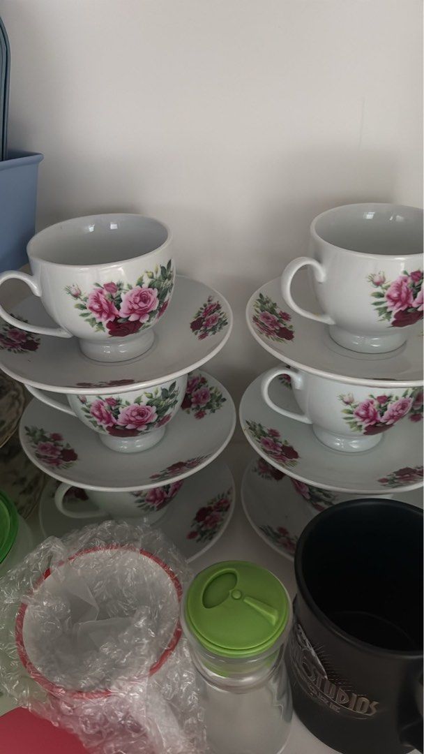 Floral Teapot and Cups with Saucers