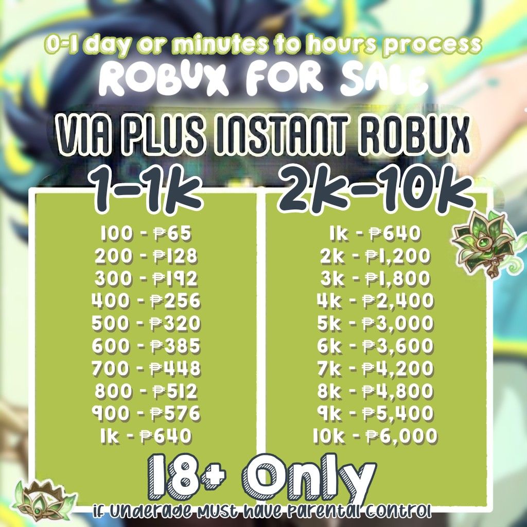 Discounted Robux VIA PLUS SEND ( fast process) (Category: In-Game Products) located in Caloocan City. Submitted by aeri_yi (Listing ID 1441271936, Image 1). Description: ‎Robux for sale! ‎ ‎🌱 Payment first is required, Via Plus Robux usually a day to be received after being purchased. Means you don't have to wait an amount days just to get the robux. ‎-PAYMENT METHODS ONLY INCLUDES GCASH!!! ‎🌱 Do send a screenshot of the receipt as proof that y