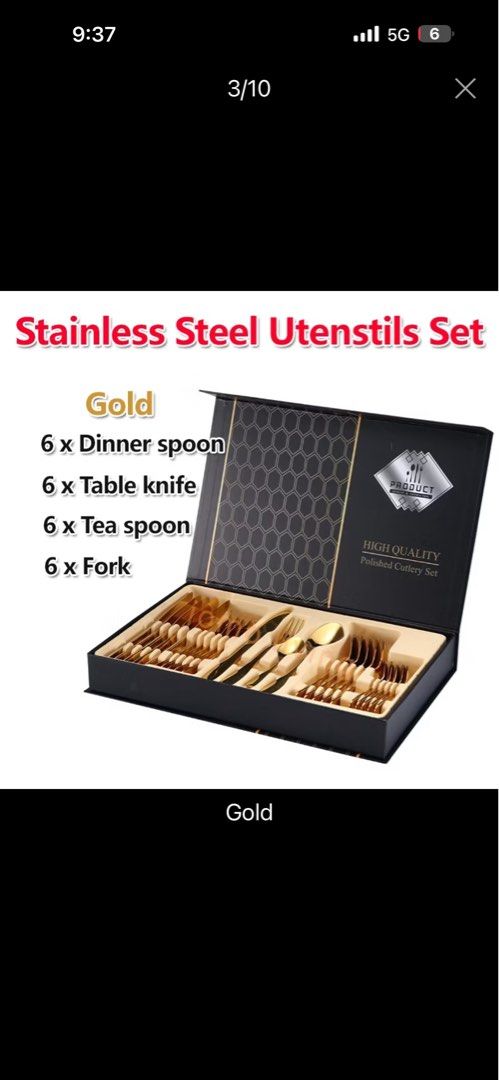 Gold Stainless Steel Utensils Set - 24 Pieces