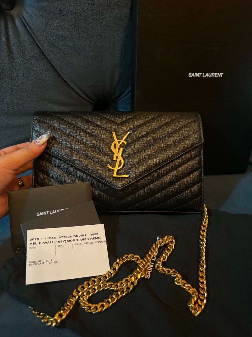 Guaranteed authentic Saint Laurent YSL Monogram Wallet on Chain Black Leather (Category: Luxury Bags & Wallets) located in San Juan City. Submitted by akimadison.ph (Listing ID 1442503549, Image 1). Description: - Authentic Black YSL Monogram Wallet on Chain Comes with box, dust bag, and cards 2023 model In great condish! 💗💗💗.