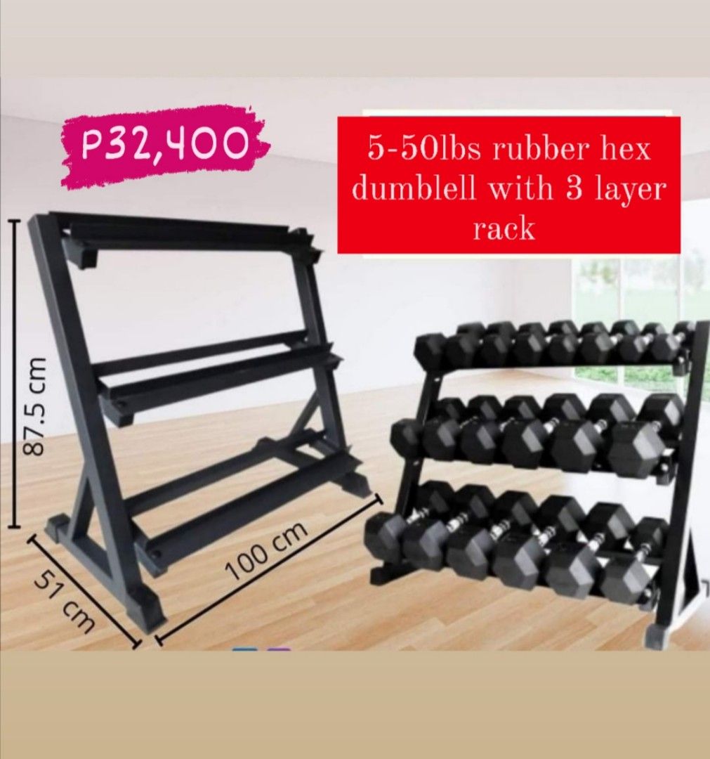Hexagonal rubberized dumbell set with rack 5to30lbs/5to50lbs (Category: Weights & Dumbbells) located in Valenzuela. Submitted by carlo_023 (Listing ID 1442523617, Image 2). Description: 5to30lbs hexagonal rubberized dumbbell set with rack 13500 5to50lbs hexagonal rubberized dumbell set with rack 32400.