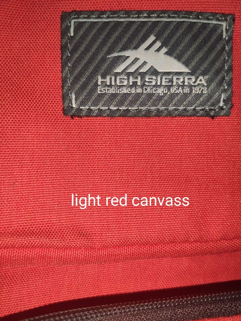 HIGH SIERRA Backpack Canvass (Category: Backpacks) located in Rizal. Submitted by baltiq (Listing ID 1442439913, Image 2). Description: High Sierra Brand 👉for school, ofis, travel use. good brand , good quality ✔️light red canvass & leather combi ✔️multiple compartments(no side pockets) ✔️brown leather bottom, saka mga palawit sa zipper ✔️malinis ang loob with pockets & padded laptop sleeves ✔️all hardwares intact, all working zippers 📌SEE PICS