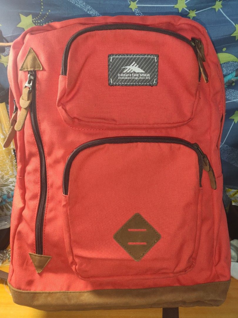 HIGH SIERRA Backpack Canvass (Category: Backpacks) located in Rizal. Submitted by baltiq (Listing ID 1442439913, Image 1). Description: High Sierra Brand 👉for school, ofis, travel use. good brand , good quality ✔️light red canvass & leather combi ✔️multiple compartments(no side pockets) ✔️brown leather bottom, saka mga palawit sa zipper ✔️malinis ang loob with pockets & padded laptop sleeves ✔️all hardwares intact, all working zippers 📌SEE PICS